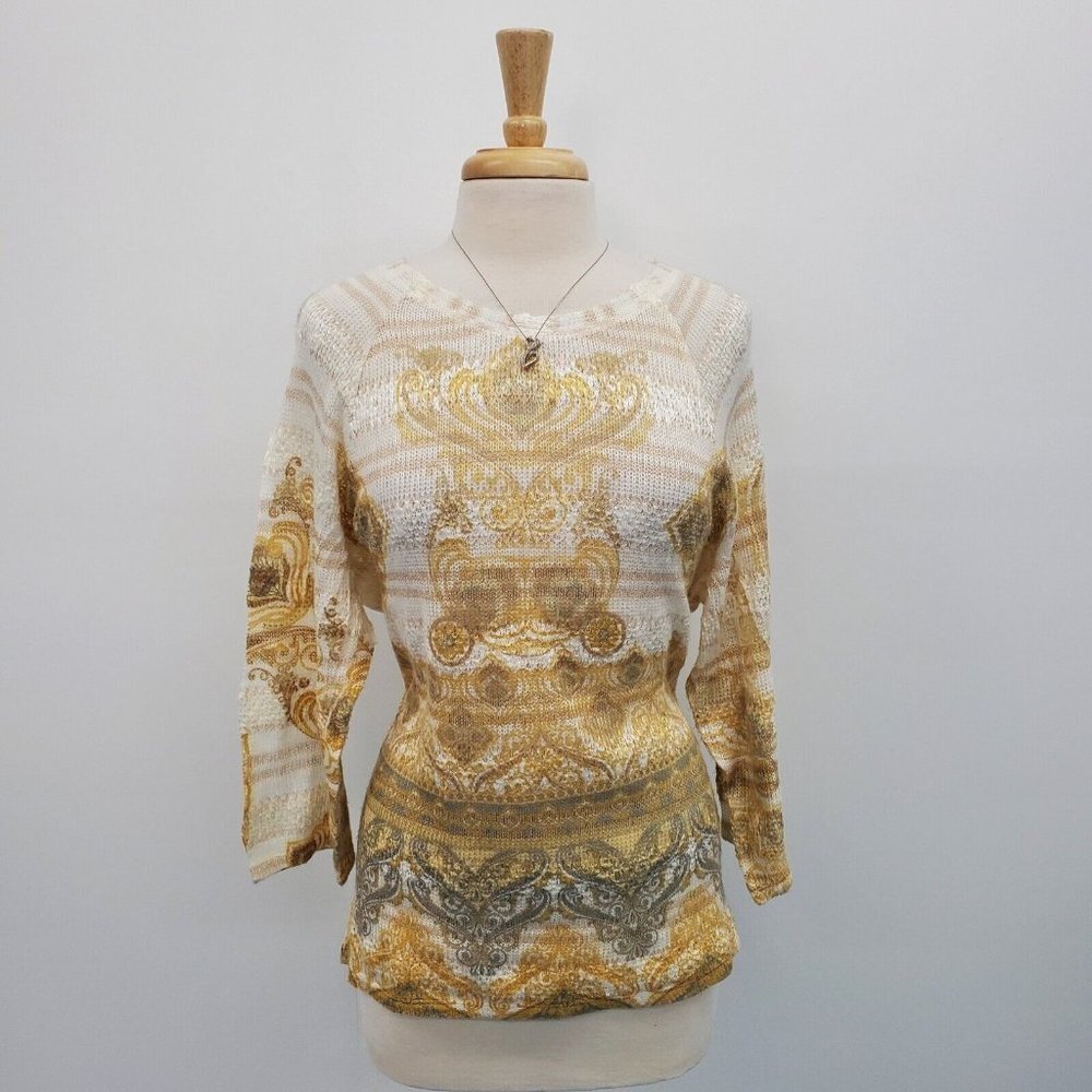 Cocomo Womens 3/4 Sleeve Knit Sweater Top Size XL Gold White Lightweight Stretch